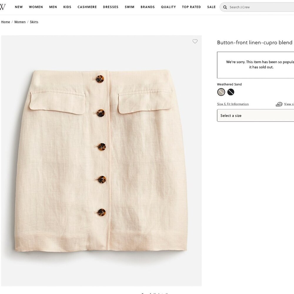 JCrew Button-front linen-cupro blend skirt (navy)